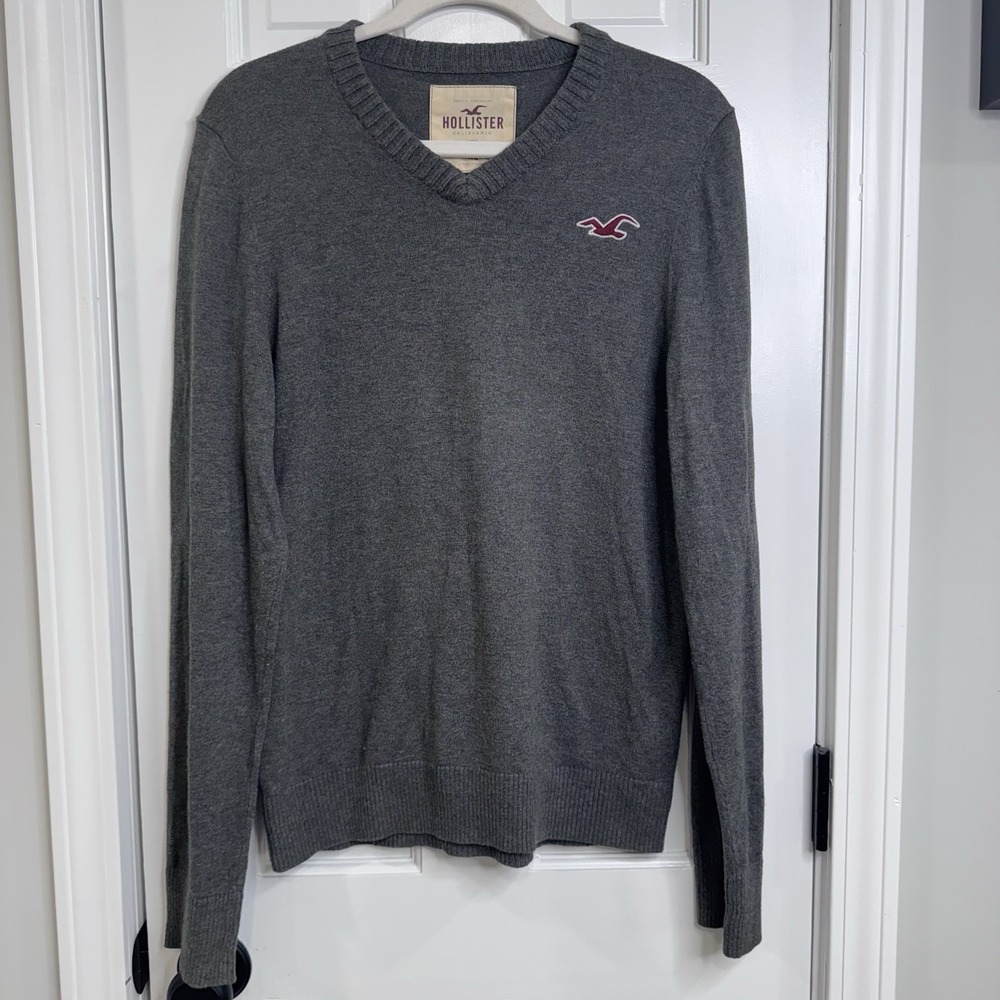 Y2K Hollister Mens XL Gray V Neck Knit Sweater Logo Preppy Casual